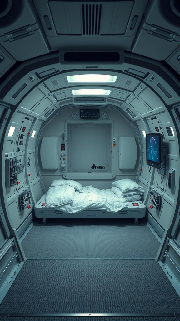 Interior view of a NASA sleep pod designed for sound sleep with a bed and control panel