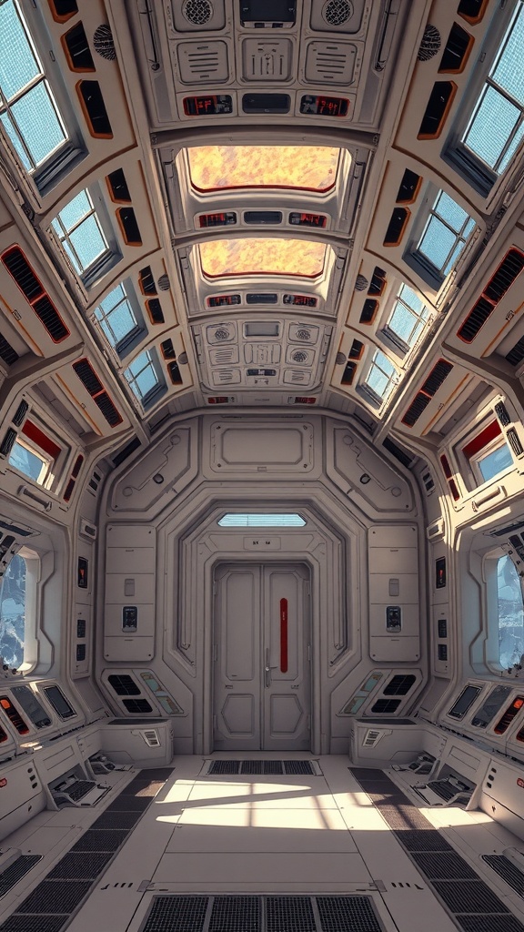 Interior of a spacecraft showing adaptive lighting features and large windows