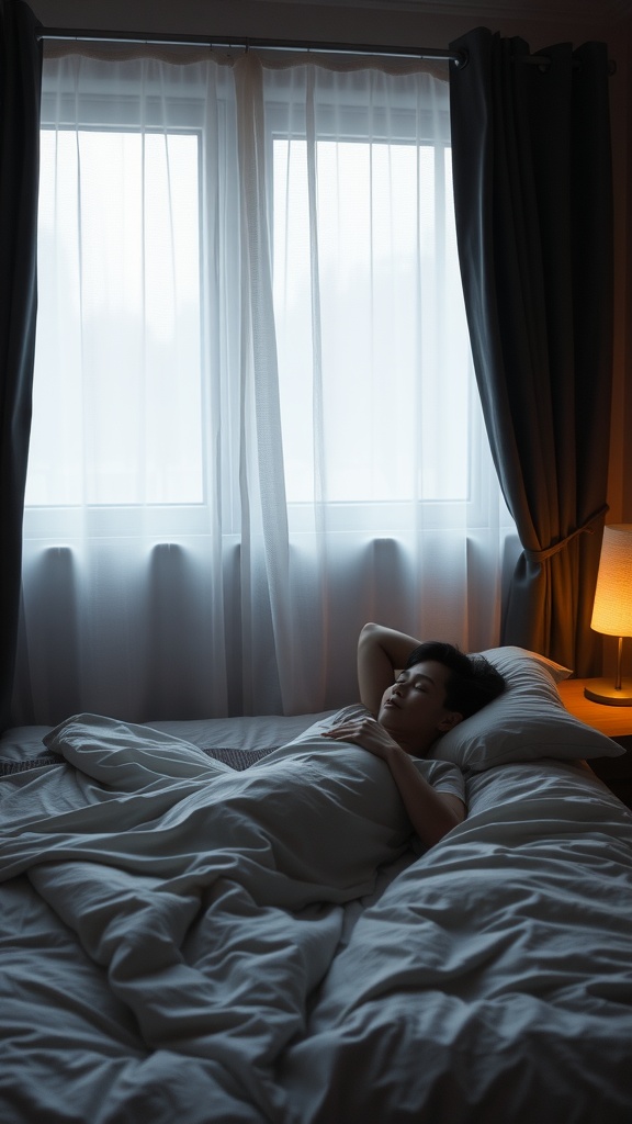 A person sleeping in a dark bedroom, highlighting the importance of total darkness for alleviating eye strain.