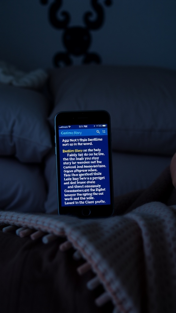 A phone displaying a bedtime story in a cozy bedroom setting