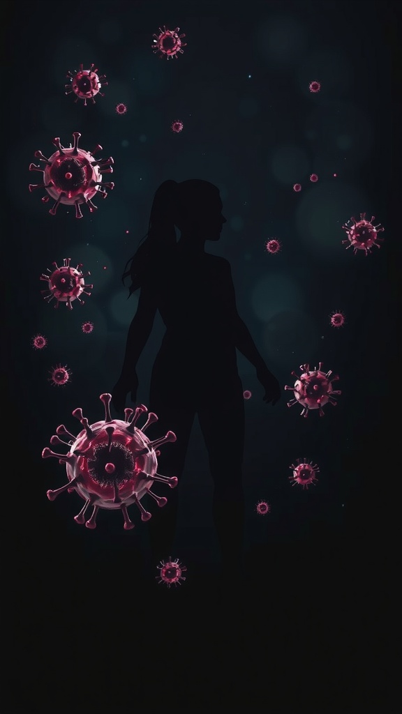 Silhouette of a person surrounded by virus-like structures, illustrating the importance of immune function.