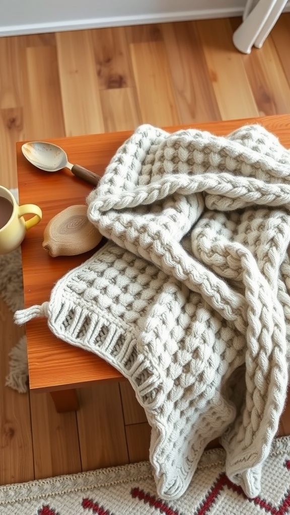 A chunky knit blanket draped over a wooden table, with a cup of drink and a wooden spoon nearby.