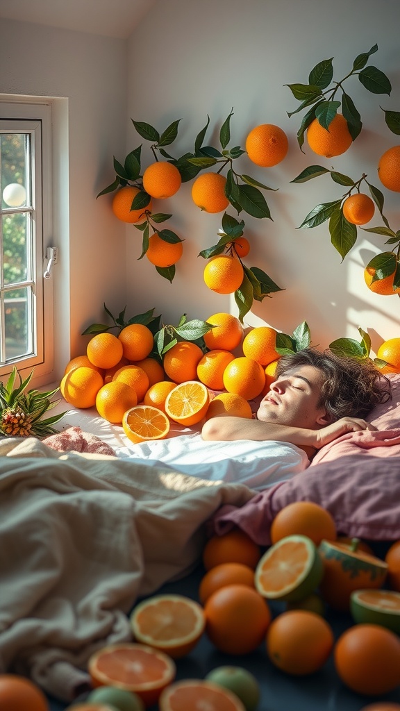 A person sleeping peacefully surrounded by vibrant oranges and leaves near a window.