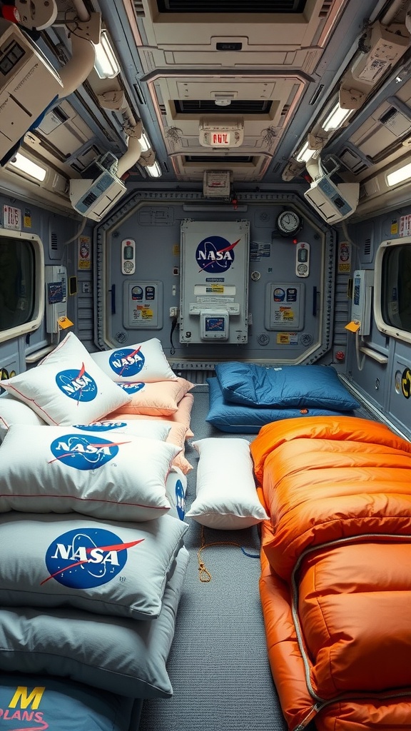 Interior of a NASA sleeping area with pillows and sleeping bags