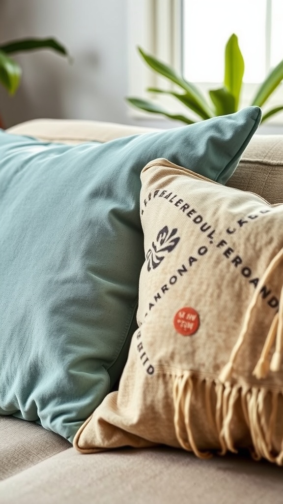 Two decorative pillows on a couch, one velvet and one printed fabric, with plants in the background.