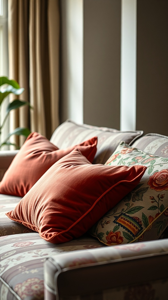 A cozy living room scene featuring velvet pillows on a patterned sofa.