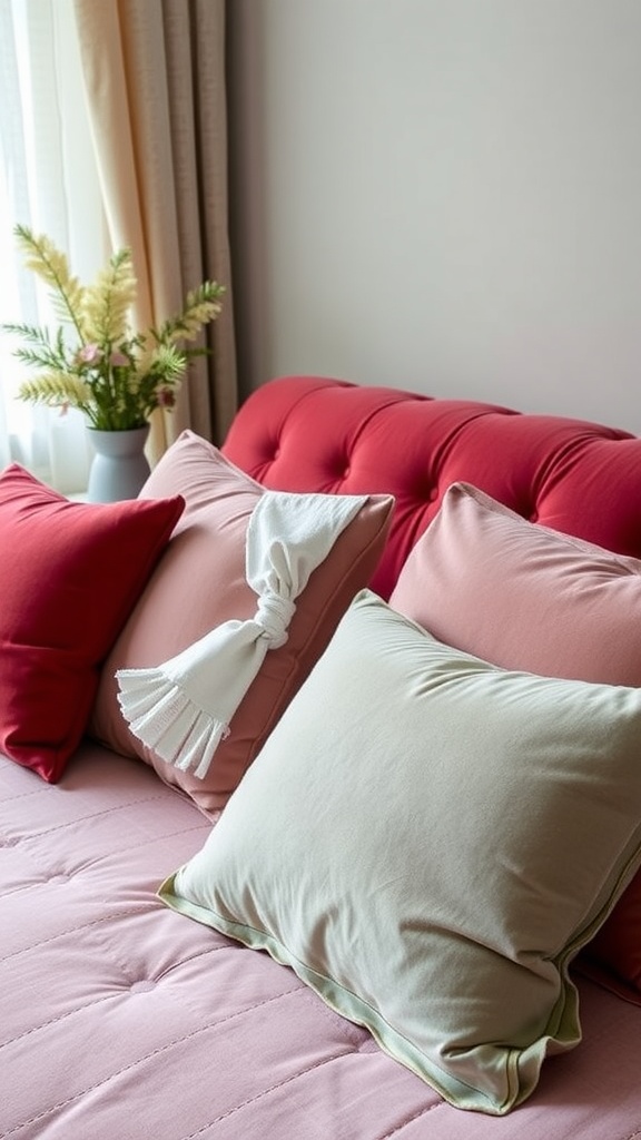 A cozy arrangement of velvet pillows on a bed, featuring various colors and textures.