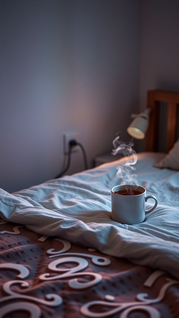 A cozy bedroom with a steaming cup of tea on a blanket