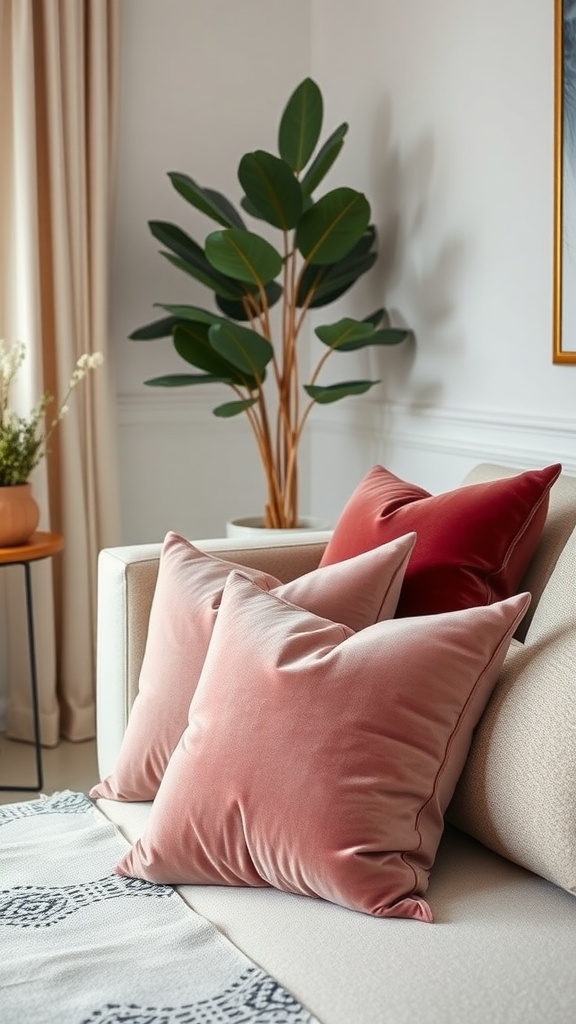 A cozy living room with a sofa featuring pink and burgundy velvet pillows, accompanied by a leafy plant and a neutral color palette.