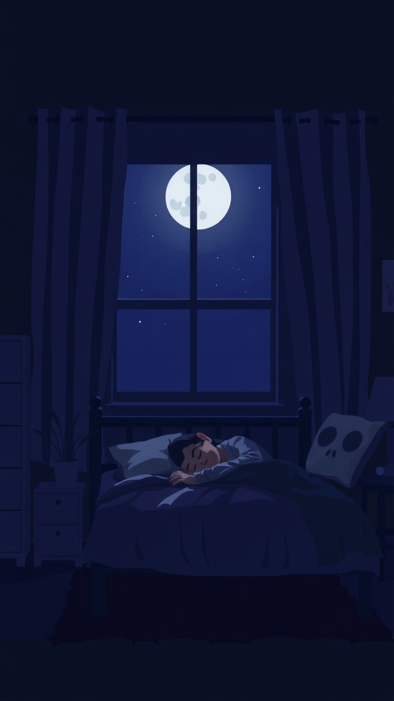 A child sleeping in a dark room with a window showing the moon outside.