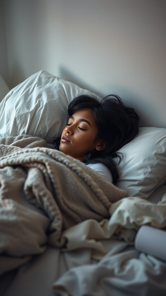 A person peacefully sleeping under a soft weighted blanket in a cozy bedroom setting.