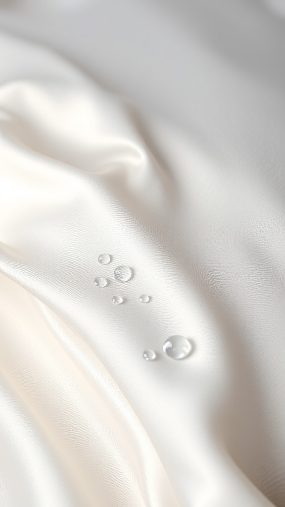 Close-up of a smooth silk fabric with water droplets on it.