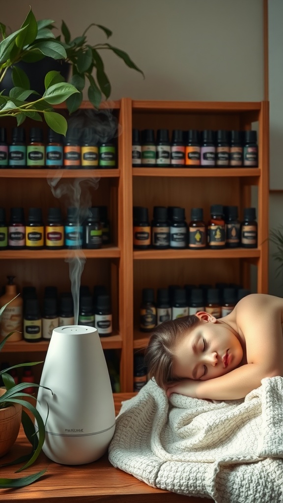 A person sleeping peacefully next to a diffuser surrounded by essential oils.