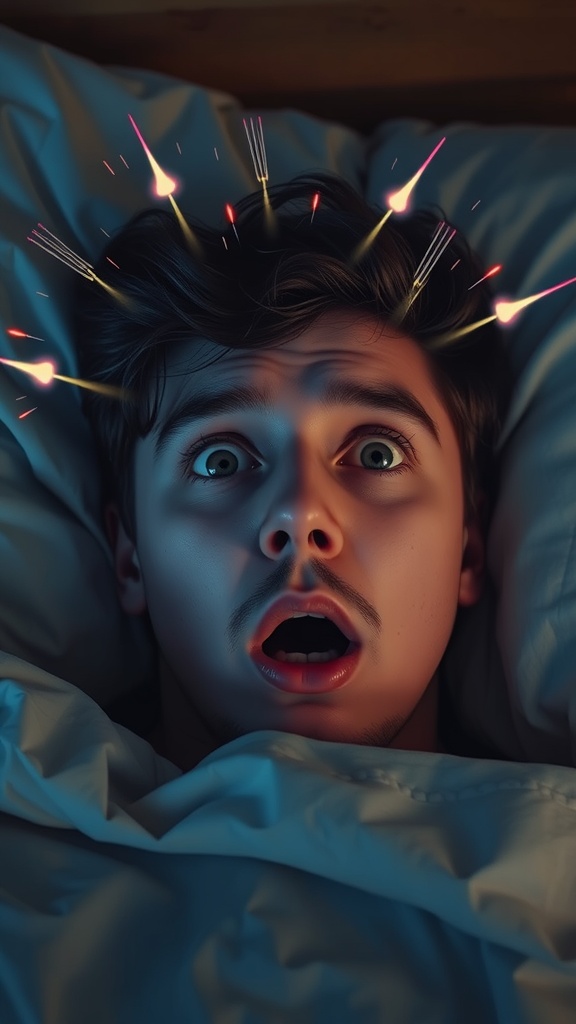 A startled person in bed looking shocked, with visual effects representing an explosive sound around their head.