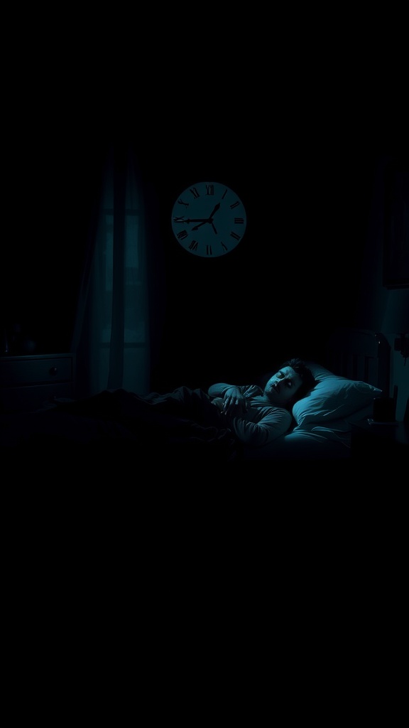 A person awake in bed, unable to sleep, with a clock showing late night hours