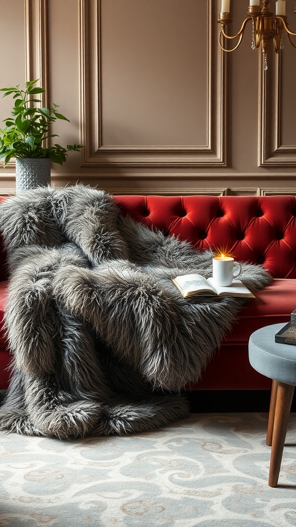 A cozy living room scene featuring a luxurious faux fur blanket draped over a red couch, with a book and a cup of tea nearby.