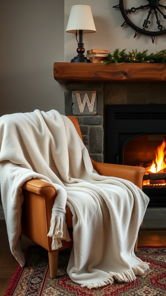 A cozy fleece throw draped over an orange armchair next to a fireplace, creating a warm and inviting atmosphere.