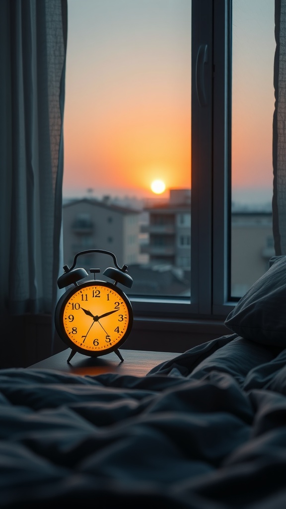 A classic alarm clock glowing softly next to a bed, with a sunrise visible through the window.