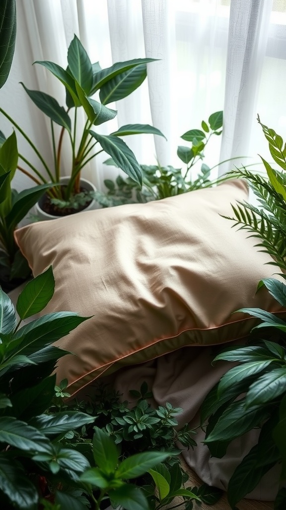 A soft silk pillow surrounded by greenery, symbolizing comfort and hypoallergenic properties.