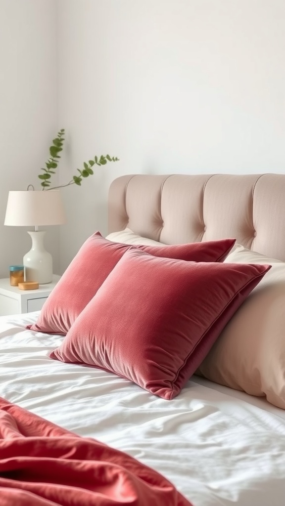 Cozy bedroom with velvet pillows and soft bedding