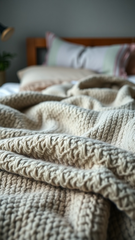 A cozy, textured weighted blanket draped on a bed with soft pillows in the background.