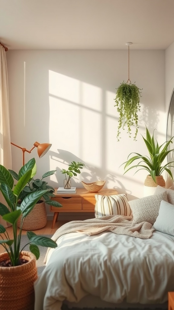 A cozy bedroom featuring a hanging plant, potted greenery, and natural light.