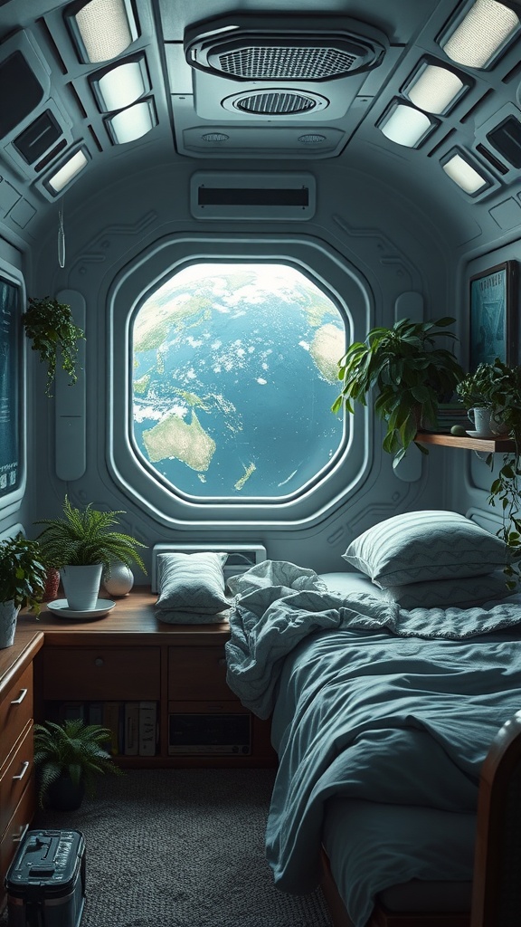 A cozy sleeping area in a spacecraft with plants and a view of Earth through a large window.