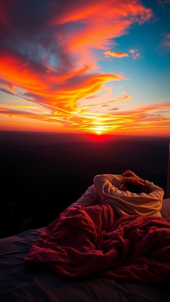 A person relaxing in bed with a beautiful sunset view in the background, illustrating the benefits of restful sleep.