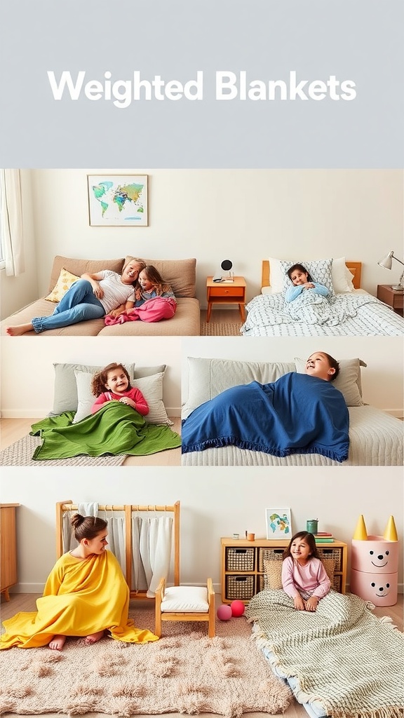 Image showing families and children using weighted blankets in various cozy settings.