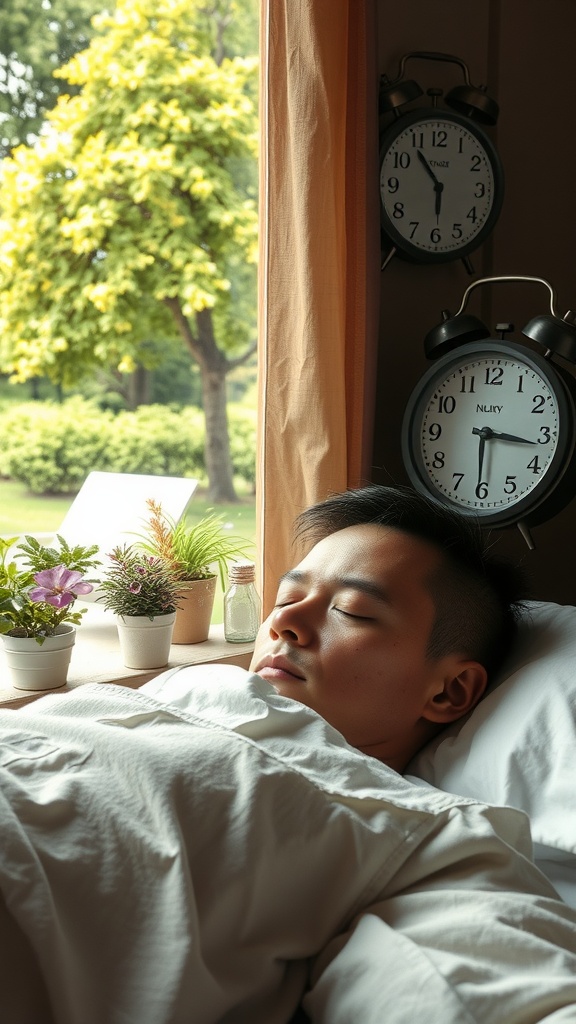 A person sleeping peacefully in a room with plants and clocks, representing the concept of sleep disorders.