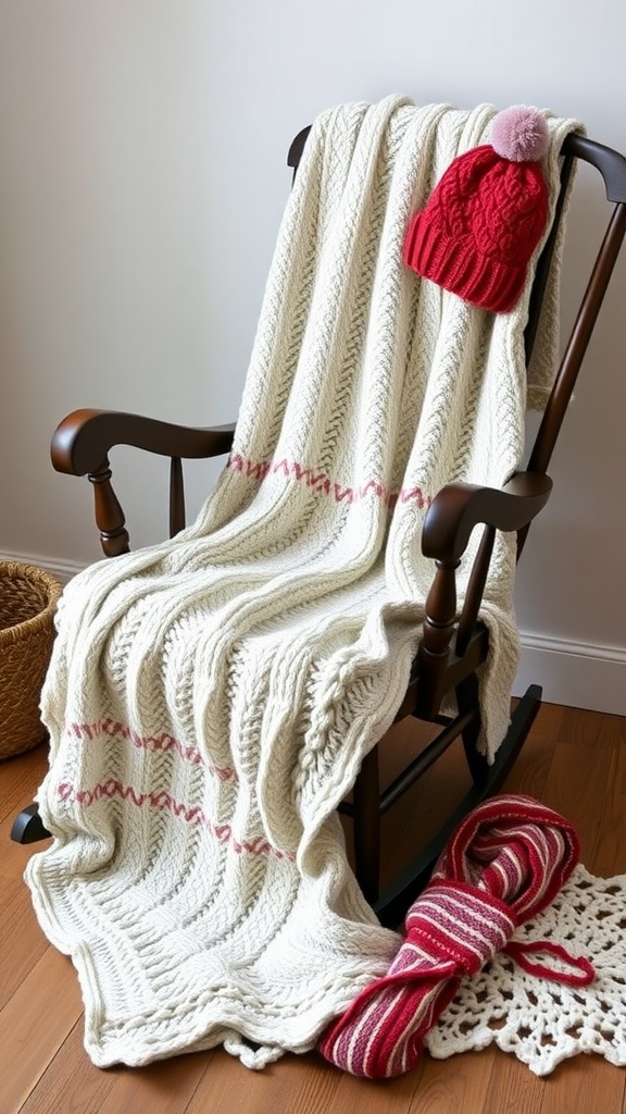 A knitted blanket draped on a rocking chair with a red hat, showcasing cozy decor.