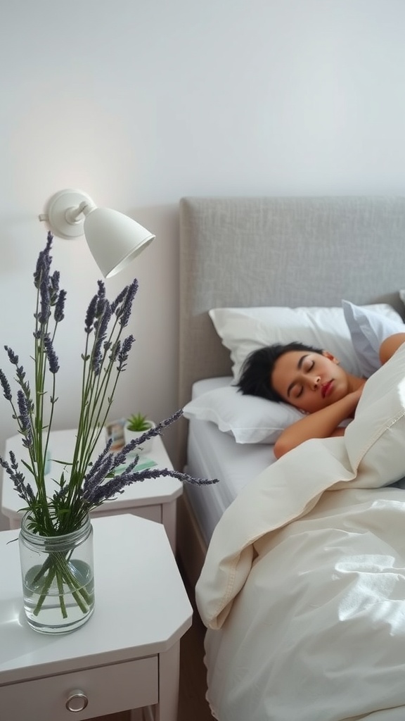 A person sleeping peacefully in bed next to a vase of lavender.