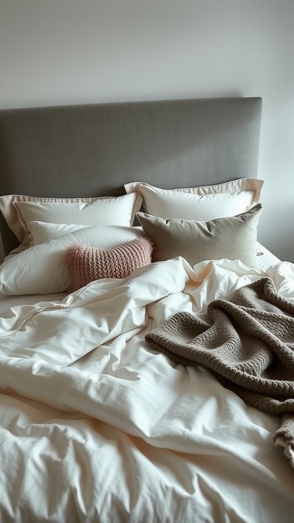 A luxurious layered bedding setup with a mix of pillows and textured throws.