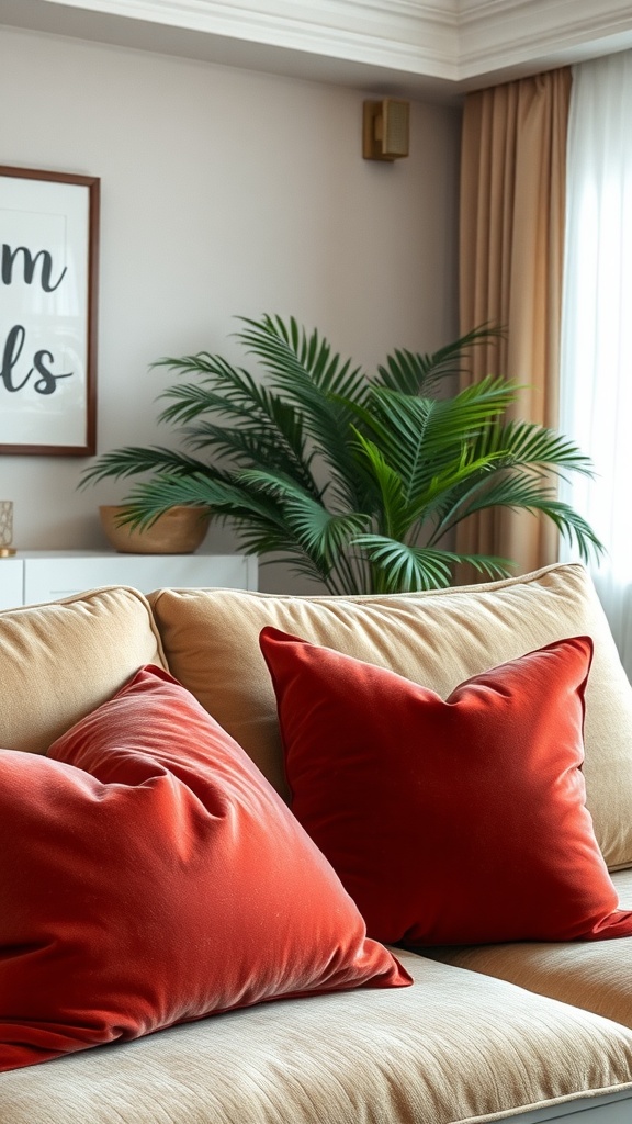 A cozy living room scene featuring soft velvet pillows on a sofa with a plant in the background