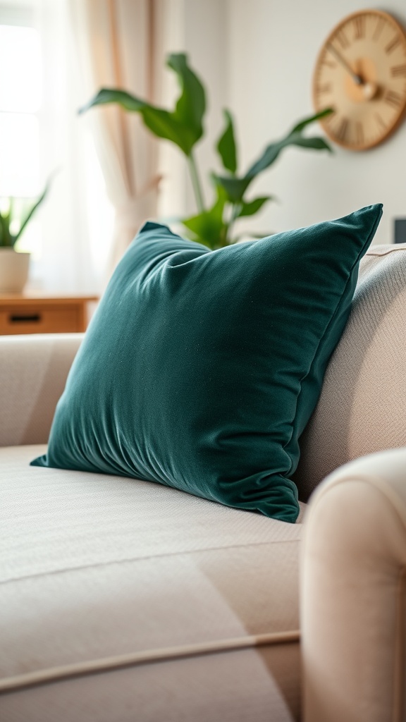 A plush green velvet pillow on a light-colored couch, with a plant and clock in the background