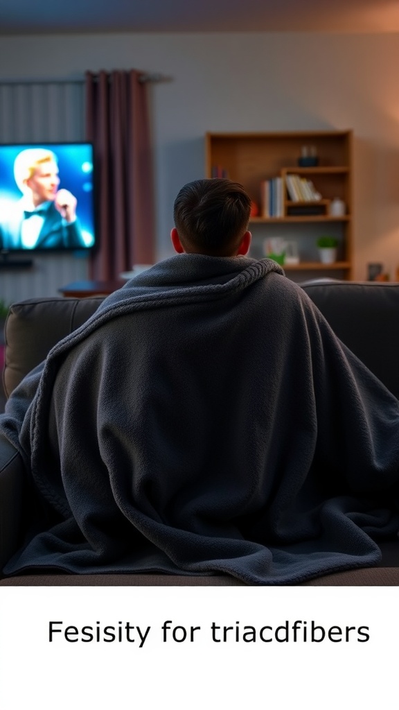 A person sitting on a couch wrapped in a soft microfiber blanket while watching television.