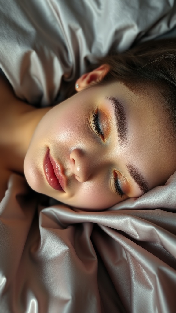 A woman sleeping peacefully on a silk pillowcase, demonstrating the benefits of silk for minimizing facial creases and sleep lines.