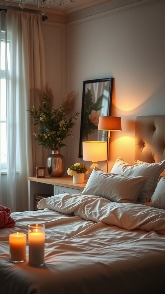 A cozy bedroom with warm mood lighting, featuring candles and a bedside lamp