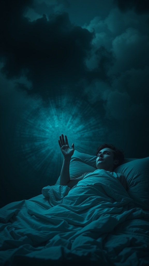 A young person in bed, looking disturbed and reaching out as if experiencing a nightmare