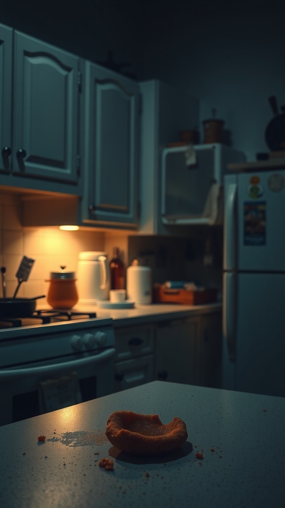 A dimly lit kitchen at night with a half-eaten snack on the countertop, illustrating the concept of nocturnal eating.