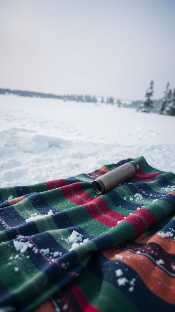 A colorful blanket laid out on snow with a thermos on top, set in a winter landscape.