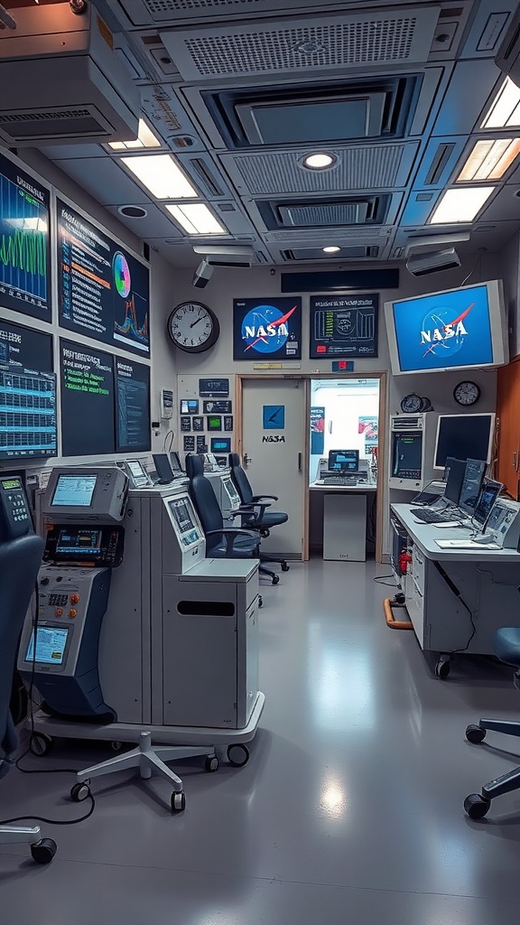 A high-tech NASA workspace with various monitors and equipment for sleep tracking analysis.