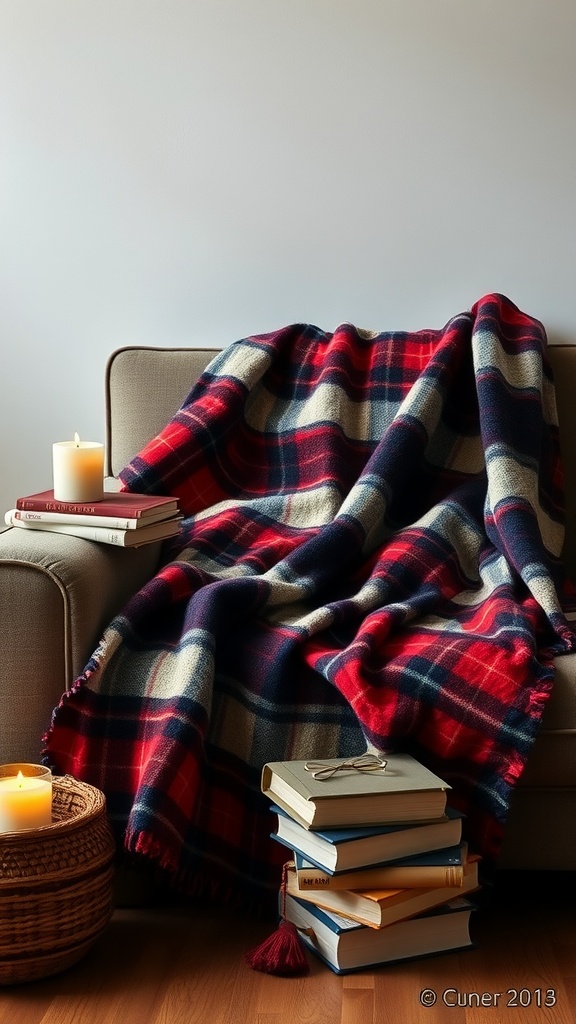 A cozy plaid blanket draped over a sofa with candles and stacked books nearby.