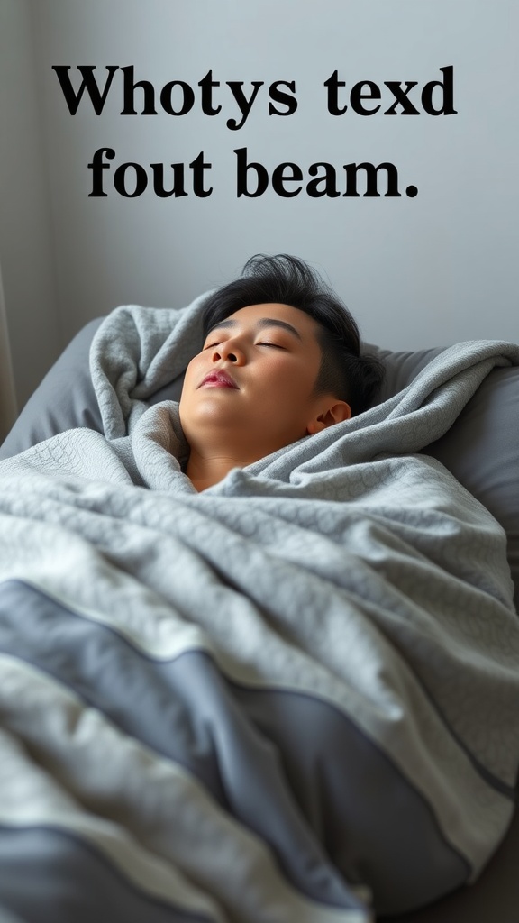 A person peacefully sleeping under a gray and blue weighted blanket.