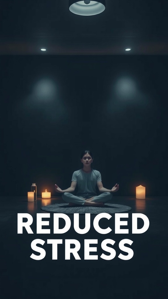 A person meditating in a dark room with candles, symbolizing reduced stress.