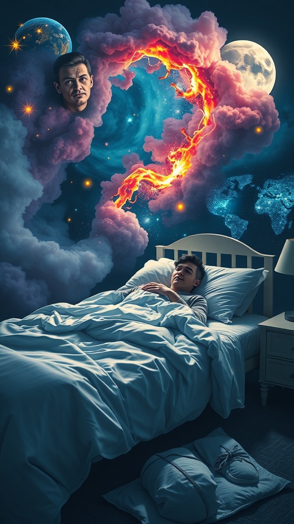 A surreal dream scene depicting a person sleeping peacefully in a bed, surrounded by colorful clouds and a mysterious figure in the background.