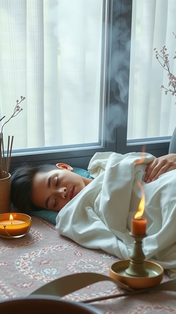 A person sleeping peacefully under a blanket with candles and incense in a cozy room.