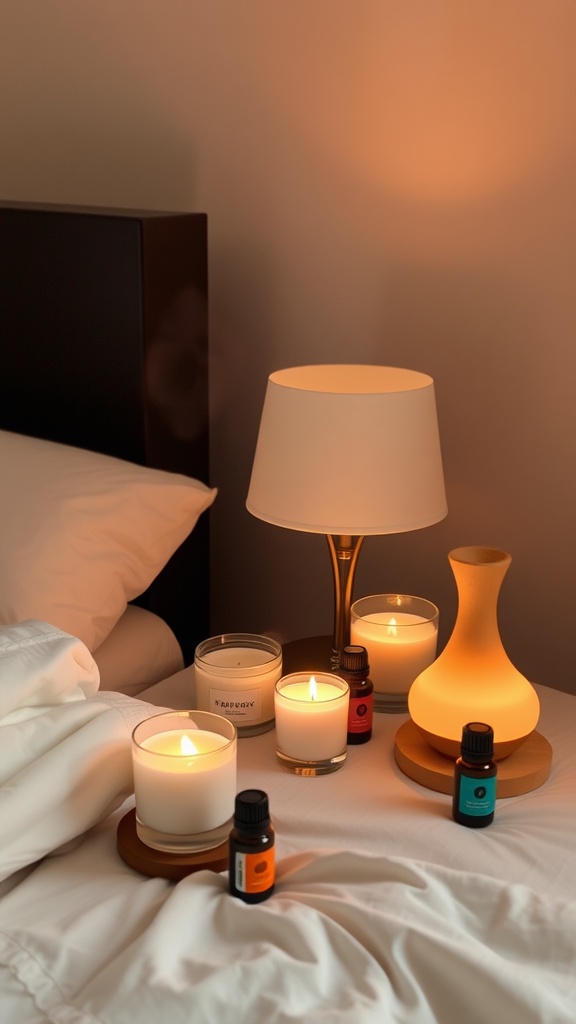 A cozy bedroom scene with lit candles and essential oils on a bedside table