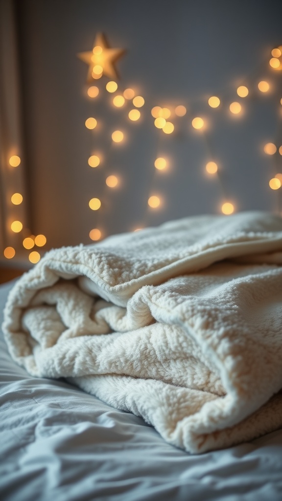 A folded sherpa-lined blanket on a bed with soft lighting in the background.