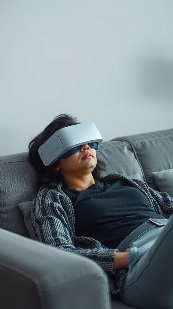 Person relaxing on a couch wearing a sleep-enhancing wearable device